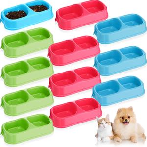 Hsei 12 Pieces Plastic Cat Dog Food Water Bowl Set Double Pet Dog Food Bowl for Kennel Cattery Small Medium Size Cats Puppies, 3 Assorted Colors