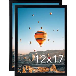 12x17 Black Picture Frame Set of 2, Horizontal and Vertical Formats for Wall Hanging, 12 x 17 Wall Gallery Poster Photo Frames with Shatter Resistant Plexiglass, 2 Pack, Black