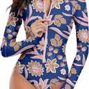 Century Star Long Sleeve Swimsuits for Women Teen Girls Bathing Suit Rash Guard Surfing Modest One Piece High Neck Swimwear (0-2, Blue Pink Floral) Size XS