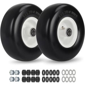 GICOOL 9x3.50-4 Flat Free Lawn Mower Tires, 9" Smooth Tread Front Wheel Assembly Fits Exmark Metro/Scag SW Series Zero Turn Mowers, Adjustable Hub 3.5"-5", 3/4" & 5/8" Bearing, 2-Pack