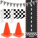 Windspeed Race Car Party Supplies, 38 Pcs Set: 24 Checkered Flags, 12 Mini Traffic Cones, 6.5Ft Racetrack Mat, 9.8Ft Hanging Flag, Birthday Decorations