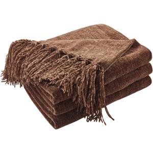 CozeCube Chenille Throw Blanket for Couch, Cozy Plush Fuzzy Decorative Dark Brown Blanket with Fringe Tassels, Lightweight Throws for Bed Sofa Gift Home Decor, 60"X80"