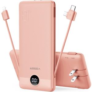 VEGER Portable Charger with Built-in AC Plug and Cables, All in One 10000mAh Ultra Slim Power Bank Travel Essentials, Fast Charging Battery Pack Compatible with iPhone, Samsung, More(Dark Pink)