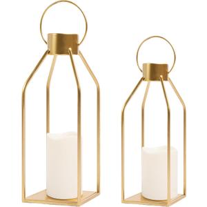 HPC Decor Modern Farmhouse Lantern Decor- Gold Metal Candle Lanterns for Christmas- Lanterns Decorative w/Timer Flickering Candles for Living Room, Home, Indoor, Outdoor, Table,Fireplace Mantle Decor (15inch and 12inchGold)