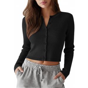 Neer Women's Cropped Cardigan Cotton Ribbed Knit Long Sleeve Top Crew Neck Cardigan Open Front Button Down Shirt(Black,Large)