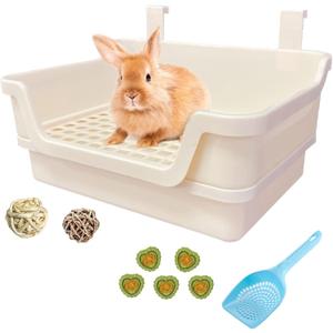 Extra Large Rabbit Litter Box with Splash Guard & Removable Tray - Double Layer Small Animal Cage Toilet for Guinea Pigs, Chinchillas, Ferrets - Chew-Proof Plastic + 2 Hooks (15.7" Jumbo, Beige) (BeigeWith the ball)