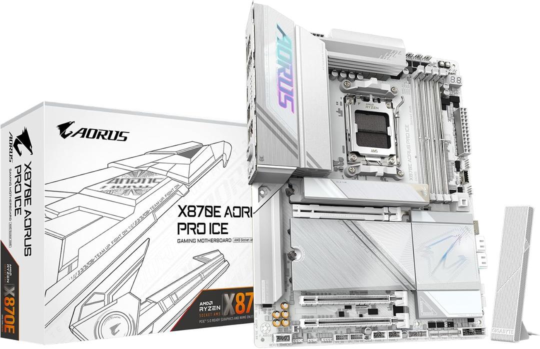 GIGABYTE X870E AORUS PRO ICE AMD AM5 LGA 1718 Motherboard, ATX, DDR5, 4X M.2, PCIe 5.0, USB4, WIFI7, 2.5GbE LAN, EZ-Latch