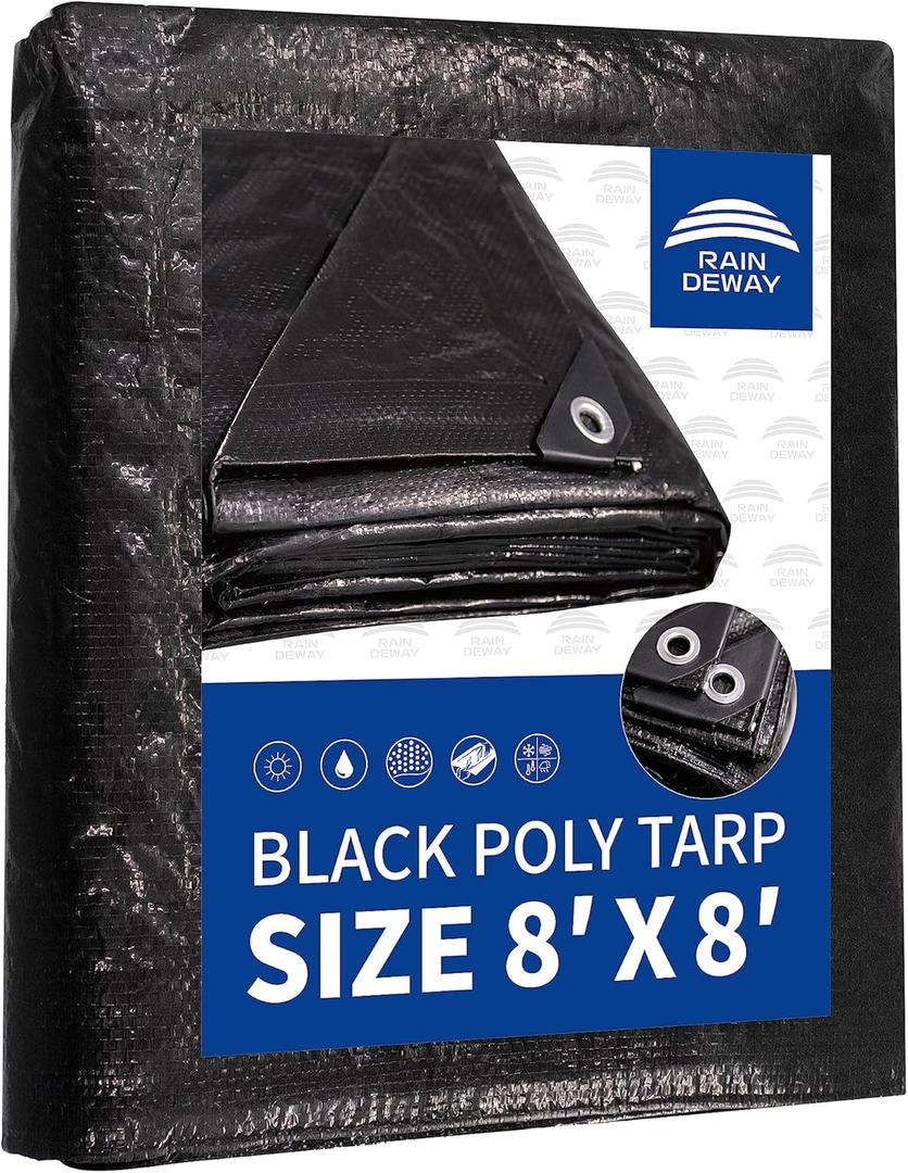 RAINDEWAY Black Tarp 8x8 Feet, UV Resistant, 8 Mil Multipurpose Medium Duty Waterproof Poly Tarp Cover with Metal Grommets and Reinforced Edges
