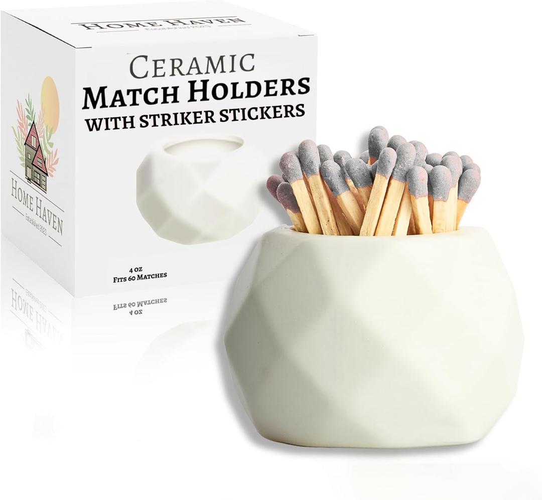 Ceramic Match Holder with Striker Pads - Classic White Oval - Cute Bathroom Matches Holder | Living Room Decor | Centerpiece Table Decorations - Matches Not Included