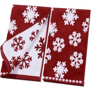 Shemilly 2pcs Christmas Hand Towels Red White Snowflake Jacquard Hand Towel for Bath 100% Cotton Thick Soft Bathroom Kitchen Decorative Set for Xmas Winter Holiday Decor Gift,16 x 27 Inch