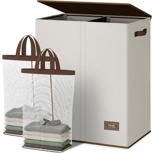 SOLEDI Luxury Double Laundry Hamper with Lid and Removable Bags, Large Hamper for Laundry, Laundry Basket 2 Sections, Collapsible Ditry Clothes Hamper for Bedroom, Laundry Room, Bathroom, Off-white (145L)