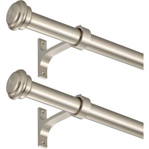2 Pack Curtain Rods 28 to 48 Inches,1 Inch Curtain rods for Windows, Hanging Curtain Rod & Wall Mount with Brackets Heavy Duty Rod,End Cap Single Rod, Brushed Nickel (28"-48")