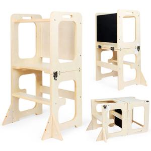 Asweets 4 in 1 Toddler Learning Standing Tower, Toddler Step Stool Table Combo, Wooden Kitchen Step Stool for Toddlers with Chalkboard, Anti-Slip Protection, Ideal Helping Tower for Toddlers