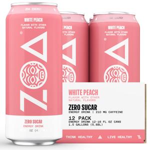 ZOA Zero Sugar Energy Drinks - White Peach | Healthy Energy Formula with Natural Caffeine, Daily Vitamin C, Essential B-Vitamins | Gluten-Free, Keto Friendly | 16 Ounce Cans (Pack Of 12) (EXP 06/04/26)