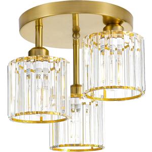 Modern Semi Flush Mount Ceiling Light, 3-Light Crystal Close to Ceiling Light Fixtures, Gold Kitchen Light Fixtures with Clear Crystal Shade, Hallway Light Fixtures for Hallway Bedroom Bathroom