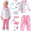 Lehoo Castle Doctor Costume for Kids, Doctor Dress Up and Play Set 8 PCS with Stethoscope, Role Play Costume for Toddlers (5-6 Years, Pink)