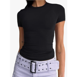 Abardsion Women's Casual Basic Going Out Crop Tops Slim Fit Short Sleeve Crew Neck Tight T Shirts 2025 Size S