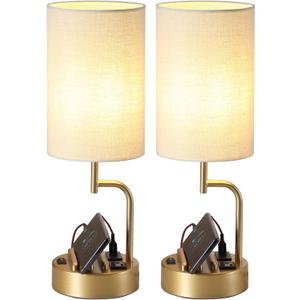 Dreamholder Table Lamp with 3 USB Charging Ports, Modern Desk Lamp with AC Outlet and Phone Stands, Perfect Bedside Lamp for Bedroom, Living Room, Office (Pack of 2), Gold