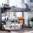 VNKZI Over Sink Dish Drying Rack, 2 Tier Full Stainless Steel Storage Adjustable Length (25.98'' to 36.61'') Kitchen Rack, Multifunctional Expandable Counter Organizer, Space Saver Dish Rack