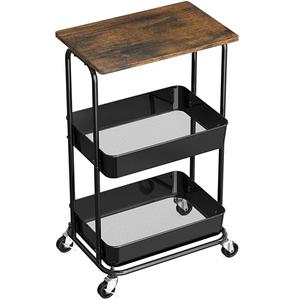Simple Houseware 2-Tier Rolling Utility Cart with Lockable Wheels and Wood Top, Metal Storage Organizer Trolley for Kitchen, Bathroom, Office, Craft Room, Rustic Brown