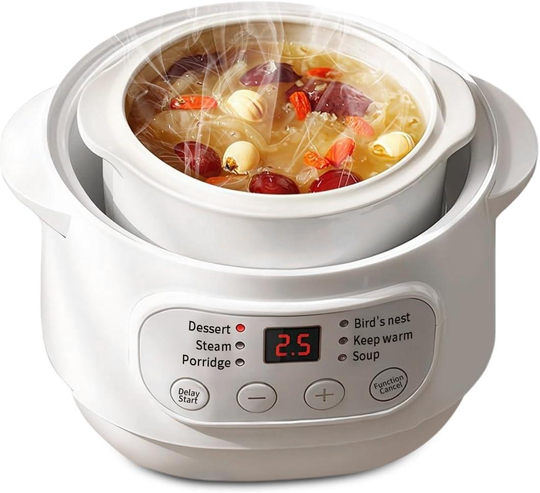 1L Electric Stew Pot Slow Cookers Electric Stew Cooker Ceramic Liner with Lid Ceramic Casserole Cooking Pot for Stove Porridge Rice Soup, US Plug