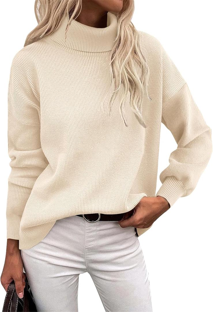 Zeagoo Women's Turtleneck Sweater 2025 Fall Winter Chunky Knit Sweaters Casual Side Slit Pullover Jumper Top (XS, Beige)