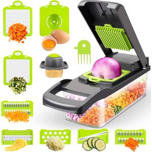 15-in-1 Vegetable Chopper & Mandoline Slicer by Global Digitronix  BPA-Free Veggie Cutter with Stainless Steel Blades, Onion Chopper & Food Dicer, Fruit & Vegetable Slicer  Black & Green