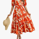 Okiwam Womens Summer Dresses 2025 Spring Casual Floral Short Sleeve Ruffle Flowy Midi Dress Boho Beach Vacation Sundress, XXL, Orange