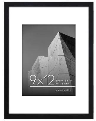 Americanflat 9x12 Picture Frame with Shatter-Resistant Glass - Set of 2 - Use as 6x8 Frame with Mat or Display 9x12 Photo Without Mat - Streamline Collection - Tabletop or Wall Display - Black