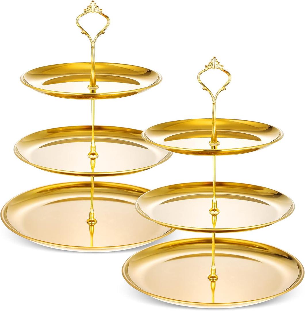 Yaomiao 2 Sets Gold 3 Tier Serving Tray with Base Stainless Steel Tiered Cupcake Stand Dessert Table Display Set Cup Cake Tier Stand Metal Cupcake Tower Fruit Dessert Holder Wedding Serving Platter