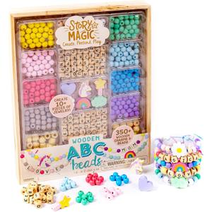 Story Magic Wooden ABC Beads by Horizon Group USA, Premium Wood Jewelry Making Kit, Makes 10+ Pieces of Jewelry, Over 350 Wooden Beads & Charms