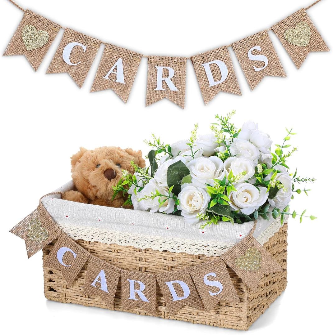 Yaomiao Mini Cards Sign Banner for Card Box Wedding Themed Hanging Banner Decor Party Decoration for Birthday for Basket Table Greeting Photo Props Table Decor, Basket Not Included(Classic,Linen)