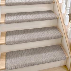 Domnesto Rounded Bullnose Carpet Stair Treads - 15 Pack, 30" | Thick Cushioned Peel & Stick Self-Adhesive Backing Textured Cut & Loop Surface Soft Plush Tape-Free Pet Friendly