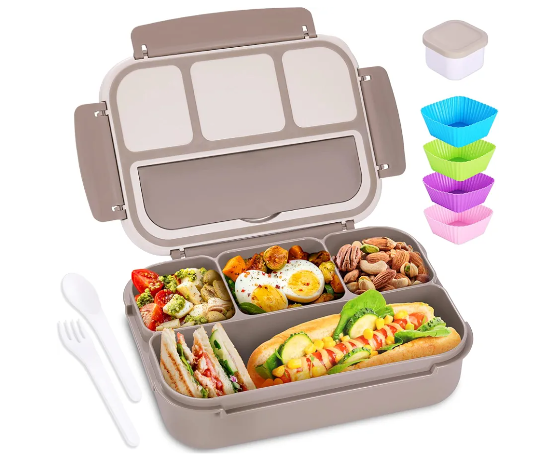 Bento Box Adult Lunch Box, Containers for Adults Men Women with 4 Compartments, Lunchable Food Container with Utensils, Sauce Jar, Muffin Liners, 40 Oz/5 Cup, Microwave & Dishwasher Safe, Brown