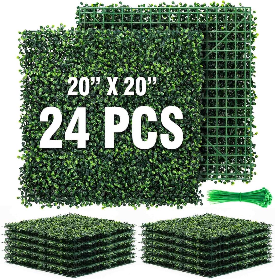 KASZOO 24 Pack 20"x20" Grass Wall Panels - Artificial Boxwood Panels for Greenery Wall Backdrop, Faux Greenery for Indoor Outdoor Decor, Garden Fence, Wedding, Privacy Screen, 66 Sq. Ft. Coverage