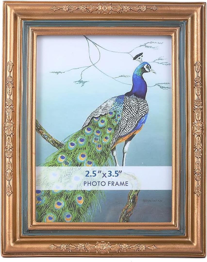 SIKOO Vintage 2.5 x 3.5 Picture Frames Small Wallet Size Picture Frames TableTop and Wall Mount Display Vintage Wall Decor Retro Home Decor Bronze and Blue