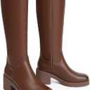 Modatope Platform Knee High Boots Square Toe Chunky Heel Boots for Women Side Zipper Block Heel Womens Heeled Boots (Brown)
