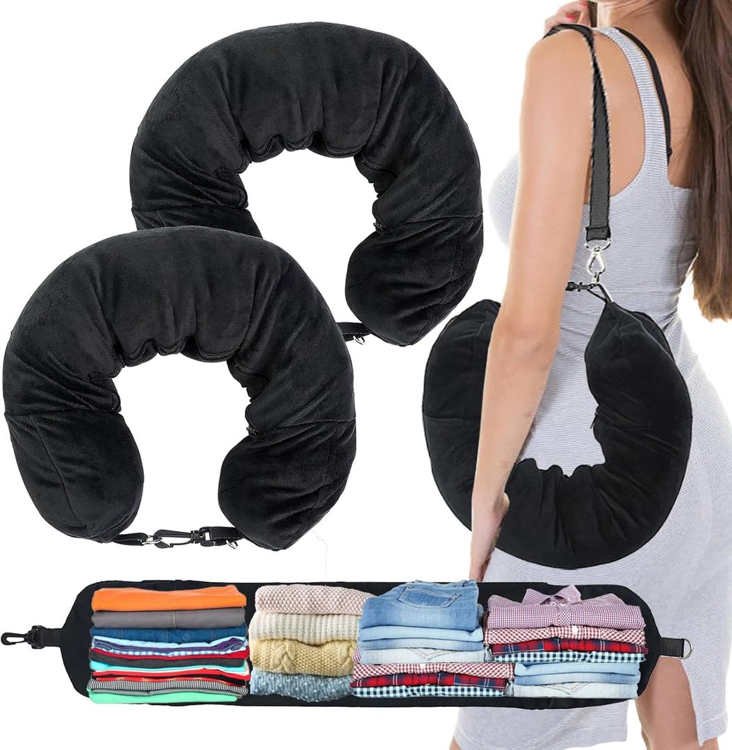 1/2PCS Travel Pillow Stuffable with Clothes As Carry-On Luggage Fits Up to 3 Days of Travel Essentials, Multifunctional U-Shaped Pillowcase for Business, Trip, Outdoor (2PCS-Black)
