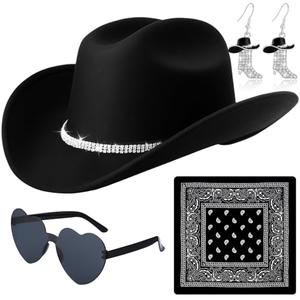 ZhouBoat Cowboy Hats for Women, Rhinestone Cowgirl Boots Earrings, Heart Glasses Bandana Set for Western Cosplay Costume