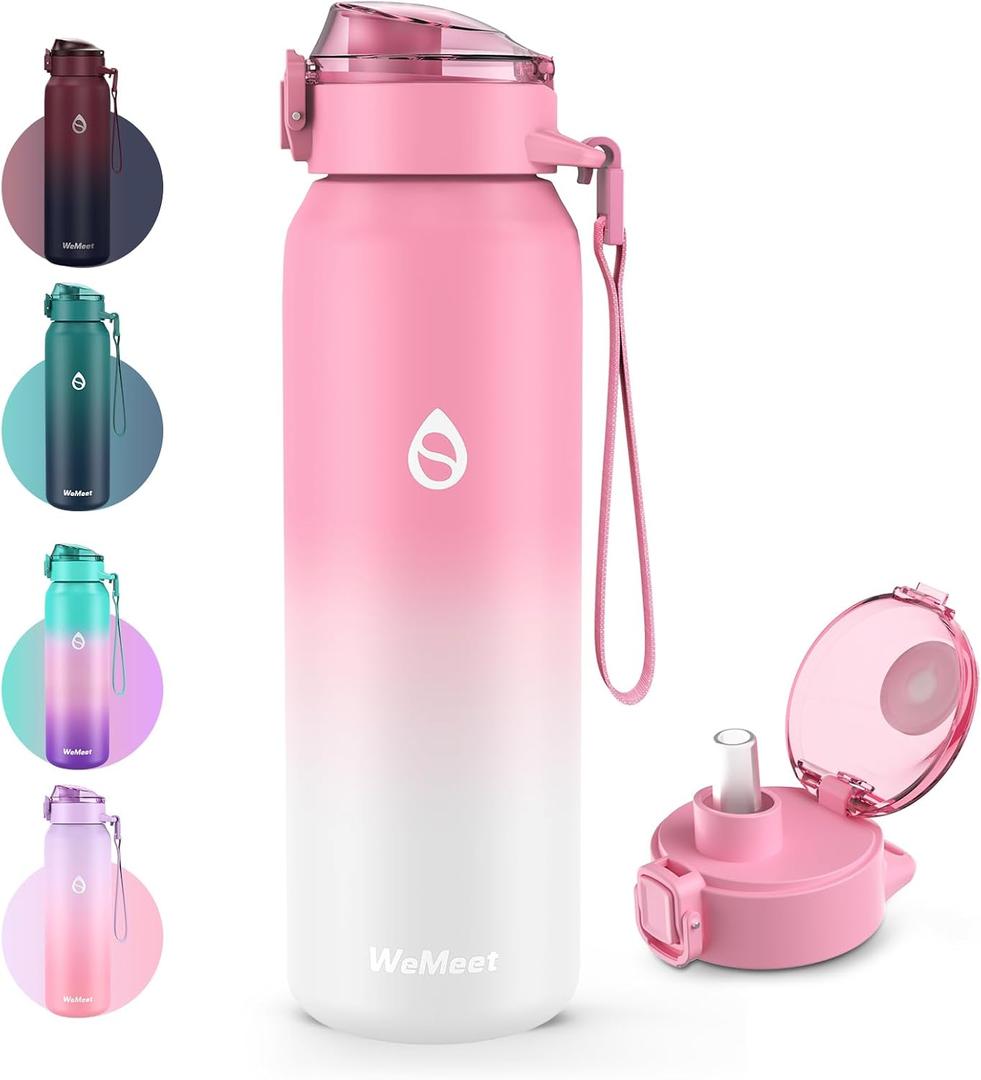32oz Water Bottle with Removable Straw and Spout Lid Two Ways to Drink, 18/10 Stainless Steel Insulated Water Bottle, BPA-Free, Leak Proof, Double wall, for Sports, Gym (33.8 Ounces, PINK WHITE)