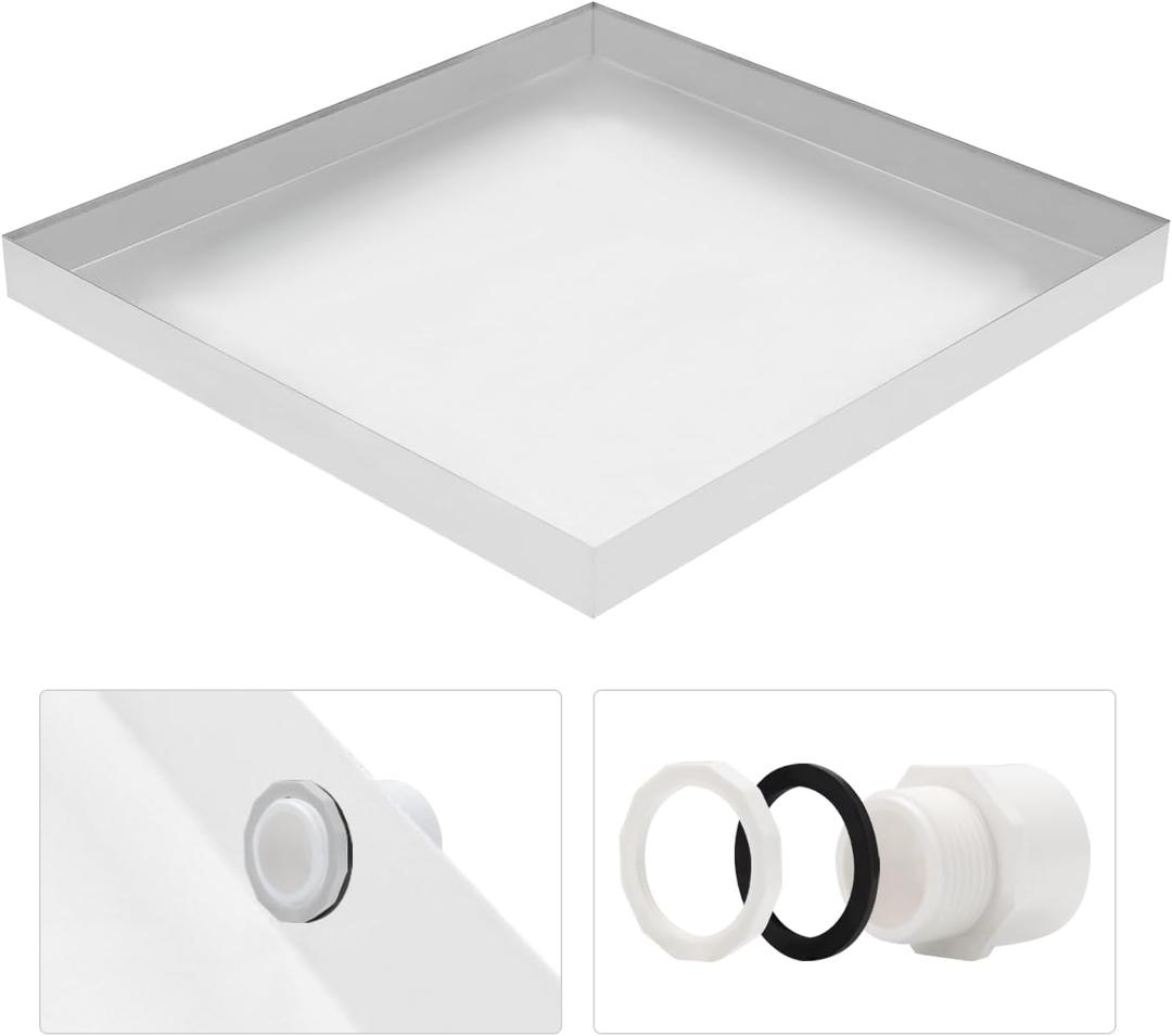 Heavy Duty Washing Machine Drain Pan 19 Guage Thick Stainless Steel 32X30X2-1/2in, Including 1" Drain Fittings (Matte White)
