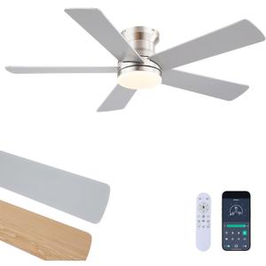 Ayaoty Flush Mount Low Profile Ceiling Fans with Lights - Modern Ceiling Fan with LED Dimming, Timer, 6Wind Speeds, Indoor Fan Light Fixture for Bedroom, Kitchen, Nickel