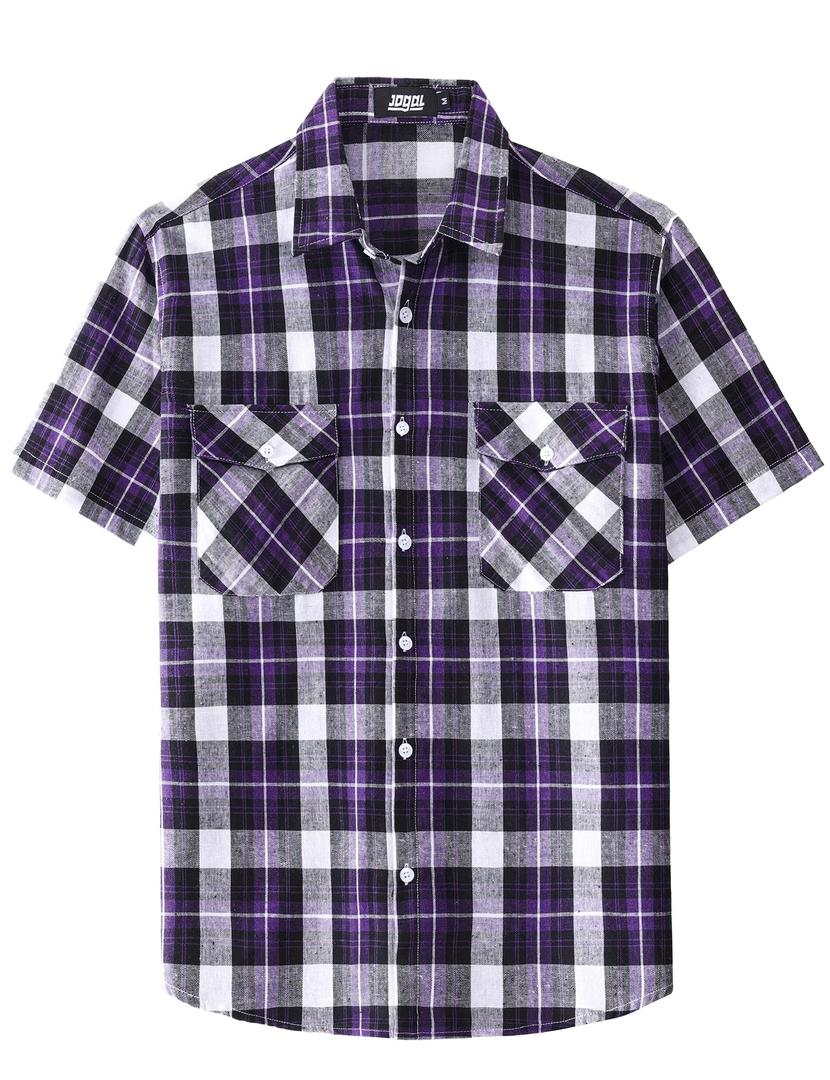 JOGAL Mens Plaid Short Sleeve Button Down Shirts Dark Purple XX-Large