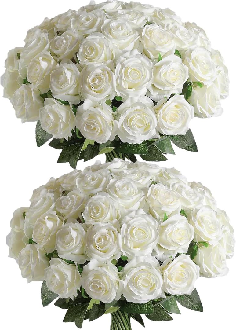 Veryhome 36Pcs Artificial Roses Realistic Fake Flowers Bulk Long Stem Silk Faux Roses Bouquet for Wedding DIY Home Decor Bridal Table Centerpieces Party Arrangements Gifts(White)