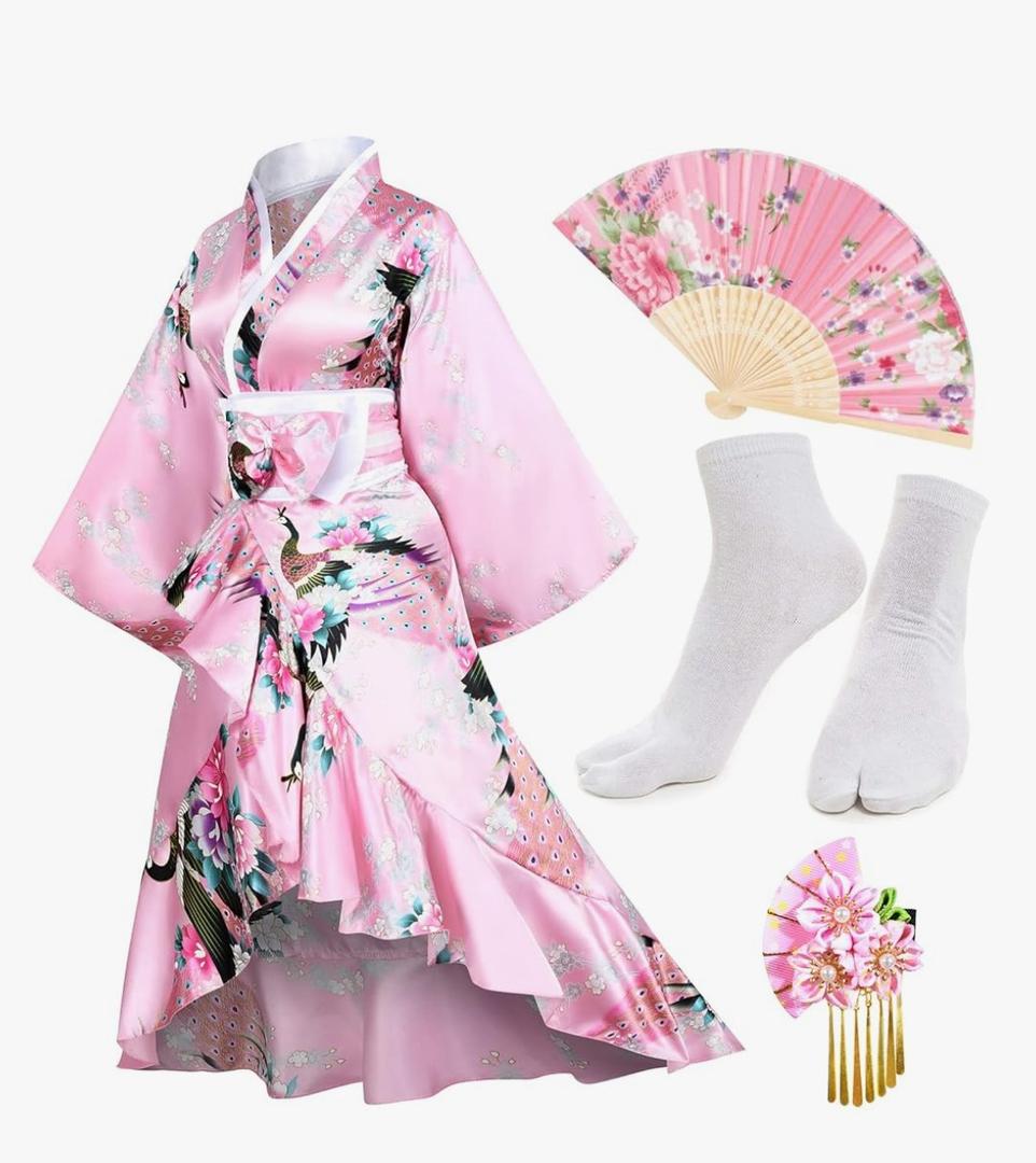 Women's Kimono Robe Geisha Yukata Sweet Tuxedo Ruffle Dress Blossom Satin Bathrobe Sleepwear Fans Tabi Socks Set, Size L