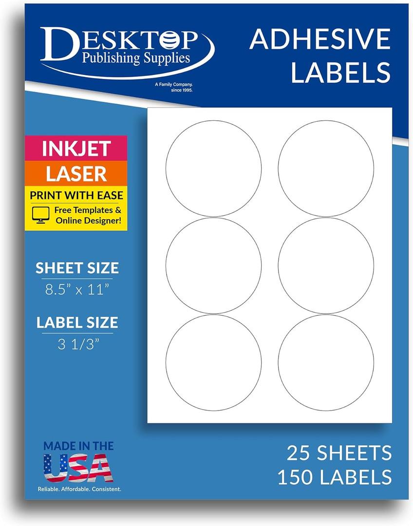 150 White 3 1/ 3" Round Large Circle Labels - 25 Sheets (6 Per Page) - for Inkjet & Laser Printers
