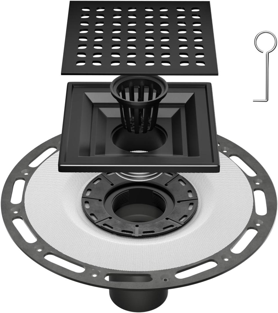 6 Inch Square Shower Drain Black with PVC Bonding Flange, Bonding Drain Shower Flange Kit 304 Stainless Steel Drain Grate for Low Profile Tiles, CUPC Certified