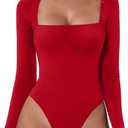 QINSEN Women's Sexy Square Neck Bodysuit Long Sleeve Double Lined Shirt Tops (Red)