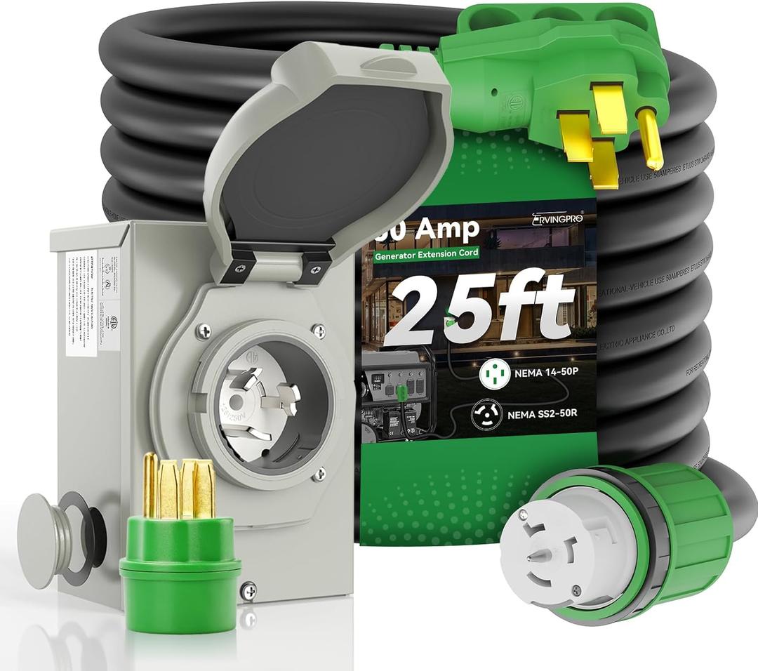50 Amp Generator Cord 25FT and Power Inlet Box Combo Kit - Pre-Drilled, Waterproof, NEMA 14-50P to SS2-50R, ETL Listed