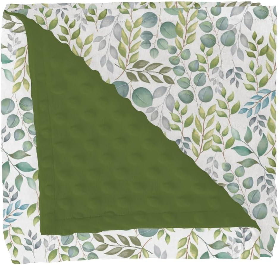 Greenery Leaves Branches Baby Blankets for Girl Boy Green Eucalyptus Leaves Soft Mink Dotted Backing Double Layer Swaddle Blanket Boho Leaf Plant Bed Throws for Newborn Infant Toddler Nursery 30x40